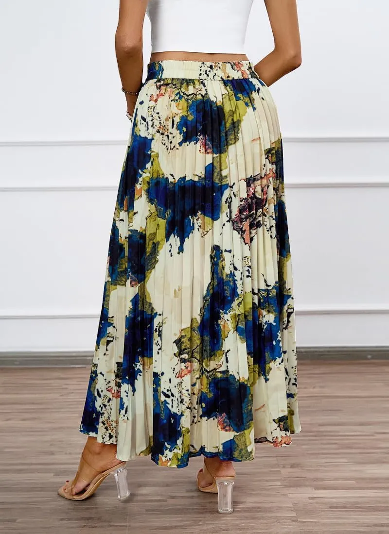 Women's Boho Floral Print Casual Pleated Skirt Summer Chiffon Elastic High Waist A-Line Midi Length Skirt
