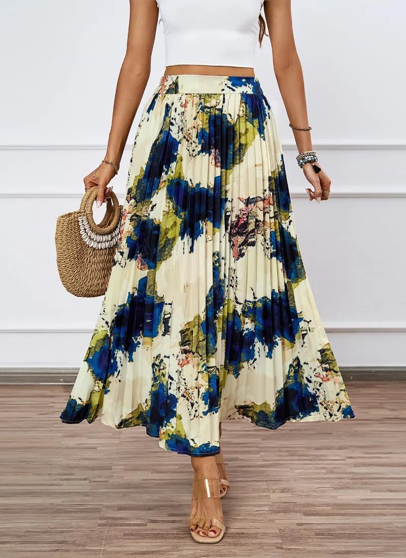 Women's Boho Floral Print Casual Pleated Skirt Summer Chiffon Elastic High Waist A-Line Midi Length Skirt