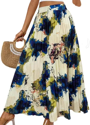 Women's Boho Floral Print Casual Pleated Skirt Summer Chiffon Elastic High Waist A-Line Midi Length Skirt
