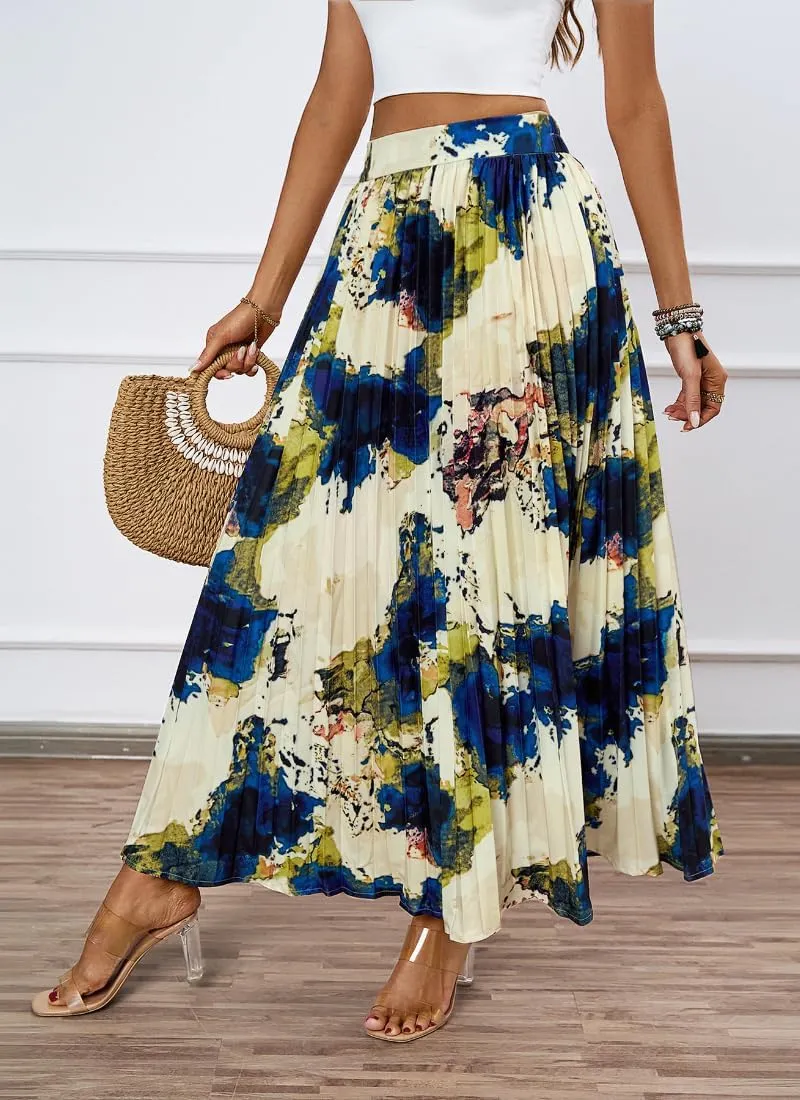 Women's Boho Floral Print Casual Pleated Skirt Summer Chiffon Elastic High Waist A-Line Midi Length Skirt