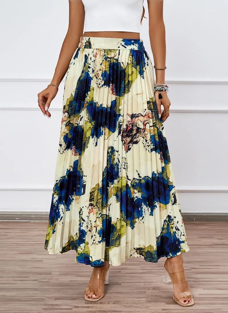 Women's Boho Floral Print Casual Pleated Skirt Summer Chiffon Elastic High Waist A-Line Midi Length Skirt