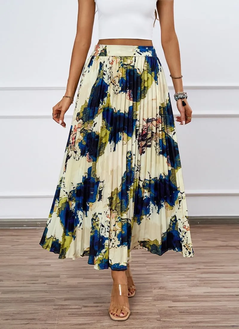 Women's Boho Floral Print Casual Pleated Skirt Summer Chiffon Elastic High Waist A-Line Midi Length Skirt