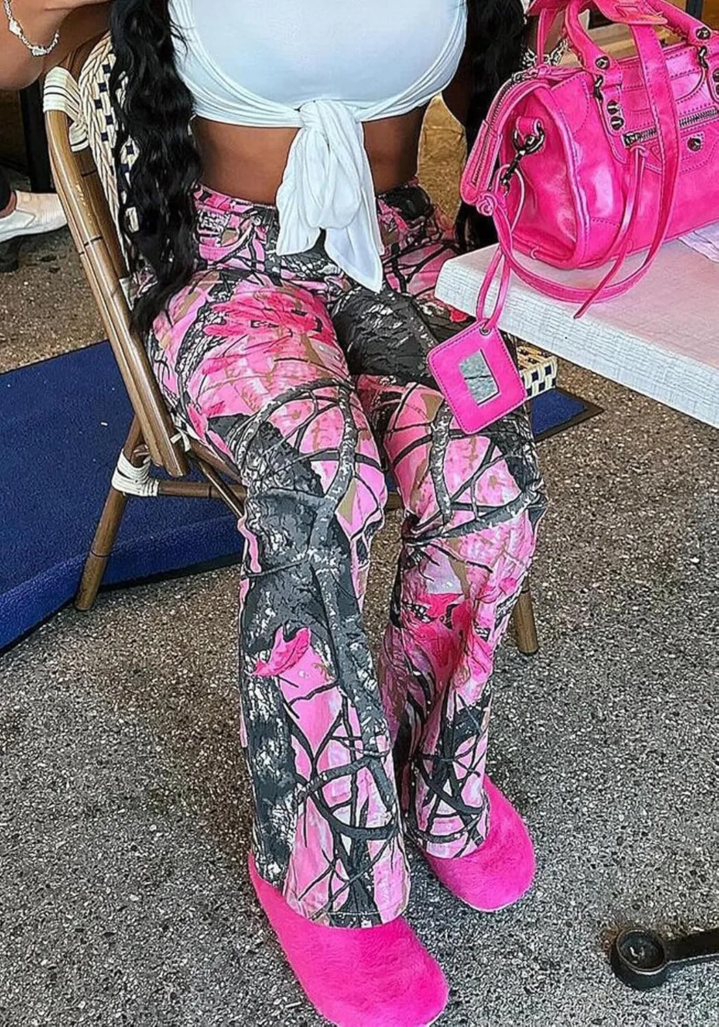 Women's Camo Cargo Pants High Waist Wide Leg Camouflage Army Fatigue Trousers with Pockets Sweatpants