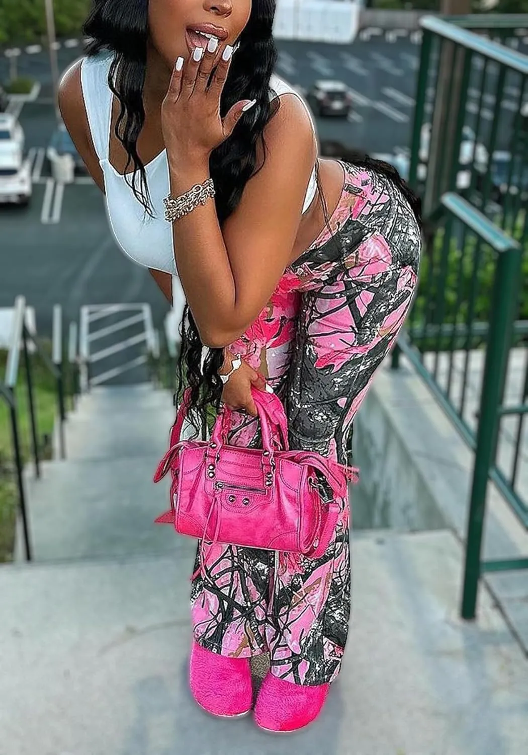 Women's Camo Cargo Pants High Waist Wide Leg Camouflage Army Fatigue Trousers with Pockets Sweatpants