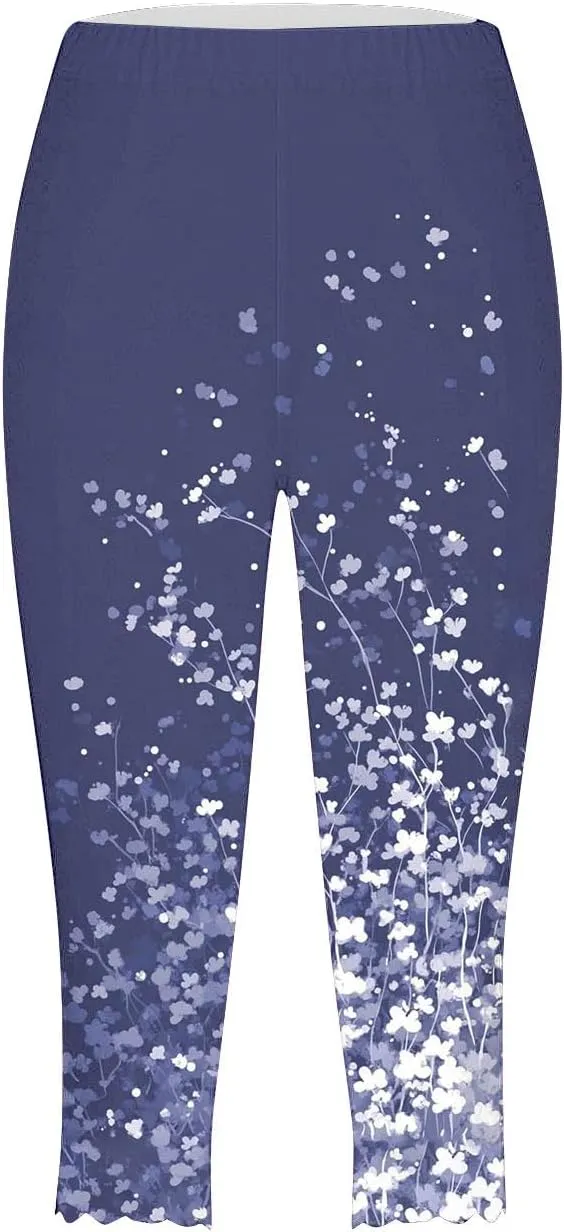 Women's Capri Leggings Floral Print High Waist Capris Pant Tummy Control Knee Length Slim Fit Yoga Cropped Trouser