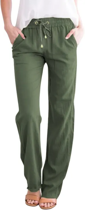 Womens Casual Cotton Linen Pants Lightweight Summer Elastic High Waist Palazzo Pant Plus Size Beach Flowy Long Trousers