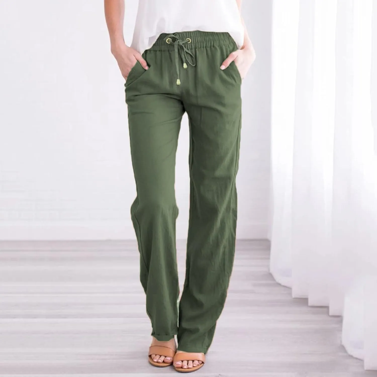 Womens Casual Cotton Linen Pants Lightweight Summer Elastic High Waist Palazzo Pant Plus Size Beach Flowy Long Trousers