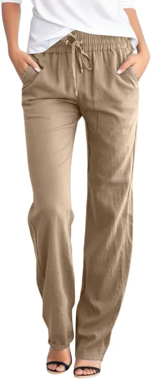 Womens Casual Cotton Linen Pants Lightweight Summer Elastic High Waist Palazzo Pant Plus Size Beach Flowy Long Trousers