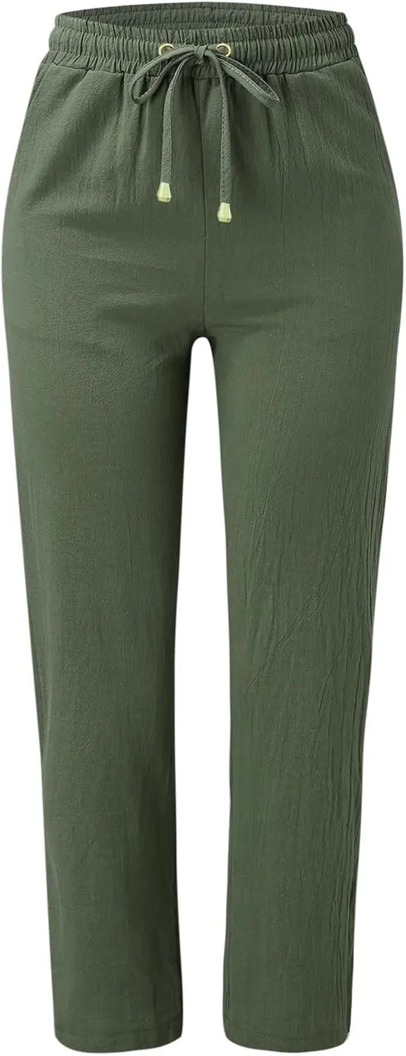 Womens Casual Cotton Linen Pants Lightweight Summer Elastic High Waist Palazzo Pant Plus Size Beach Flowy Long Trousers