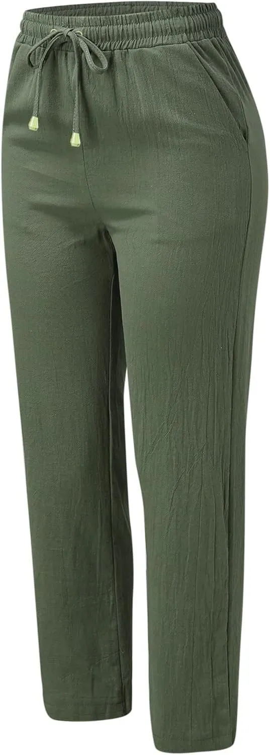Womens Casual Cotton Linen Pants Lightweight Summer Elastic High Waist Palazzo Pant Plus Size Beach Flowy Long Trousers