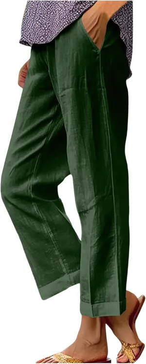 Womens Casual Linen High Waist Drawstring Pants Loose Fit Summer Beach Wide Leg Cropped Trousers with Pockets