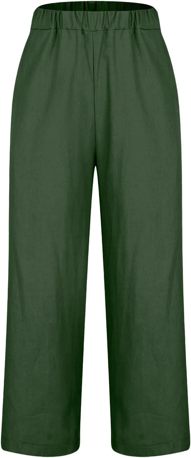 Womens Casual Linen High Waist Drawstring Pants Loose Fit Summer Beach Wide Leg Cropped Trousers with Pockets