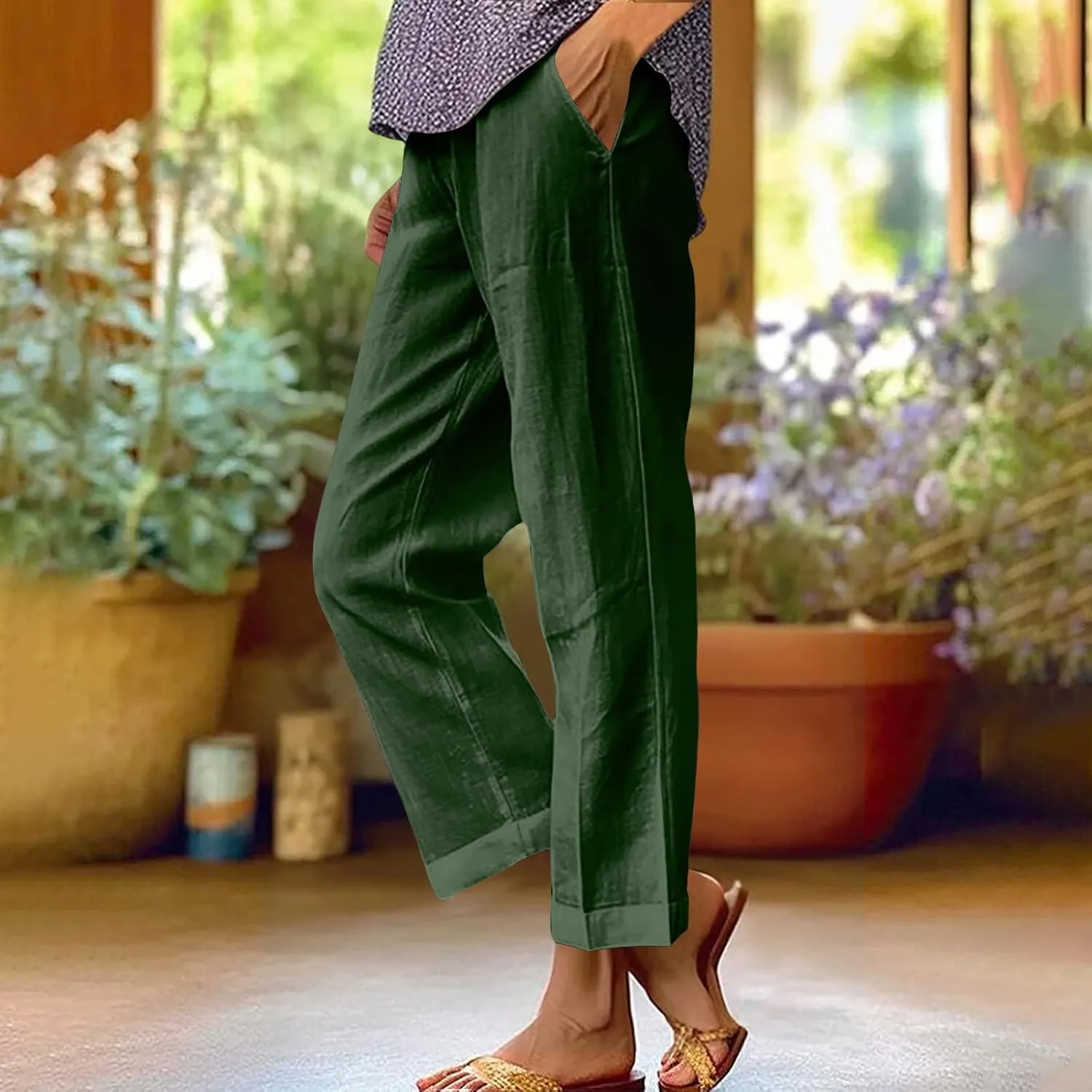 Womens Casual Linen High Waist Drawstring Pants Loose Fit Summer Beach Wide Leg Cropped Trousers with Pockets
