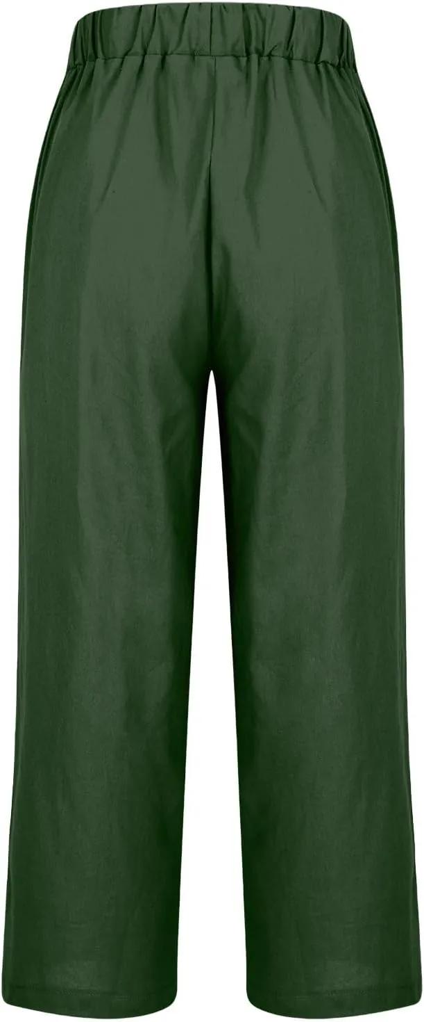 Womens Casual Linen High Waist Drawstring Pants Loose Fit Summer Beach Wide Leg Cropped Trousers with Pockets