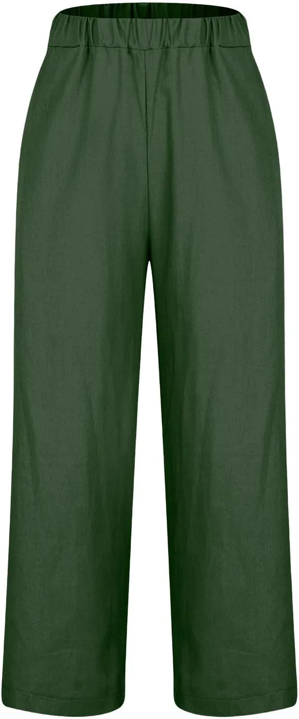 Womens Casual Linen High Waist Drawstring Pants Loose Fit Summer Beach Wide Leg Cropped Trousers with Pockets