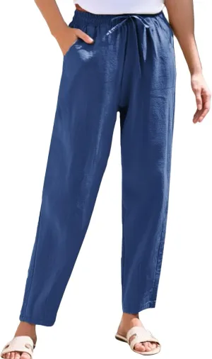 Womens Casual Linen High Waist Pants Drawstring Loose Fit Summer Beach Pants Trousers with Pockets