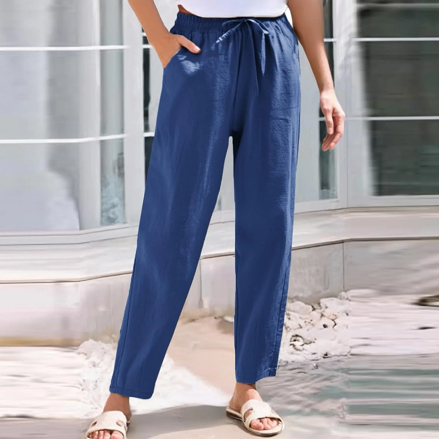 Womens Casual Linen High Waist Pants Drawstring Loose Fit Summer Beach Pants Trousers with Pockets
