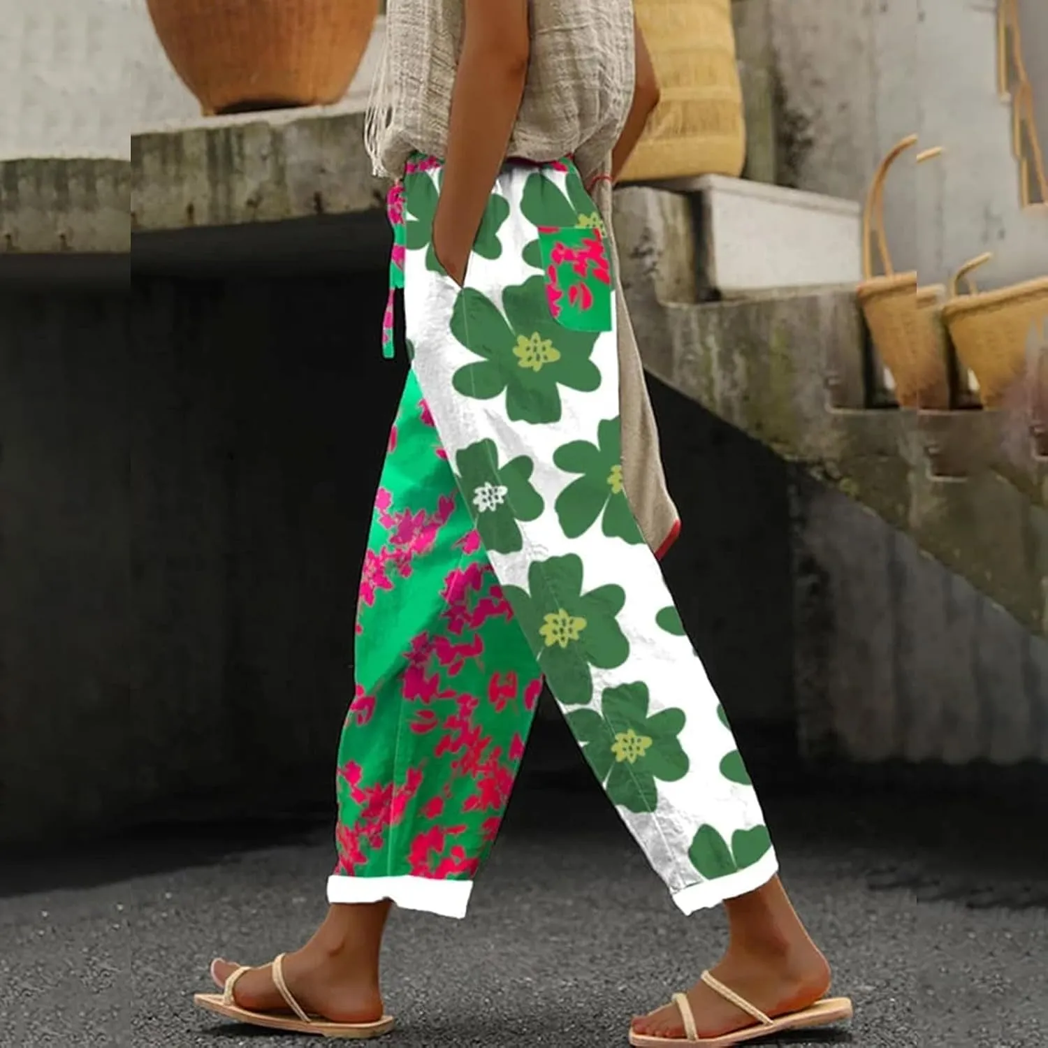 Womens Casual Linen High Waist Pants Pants Drawstring Elastic Waist Women Wide Leg Linen Petite Palazzo