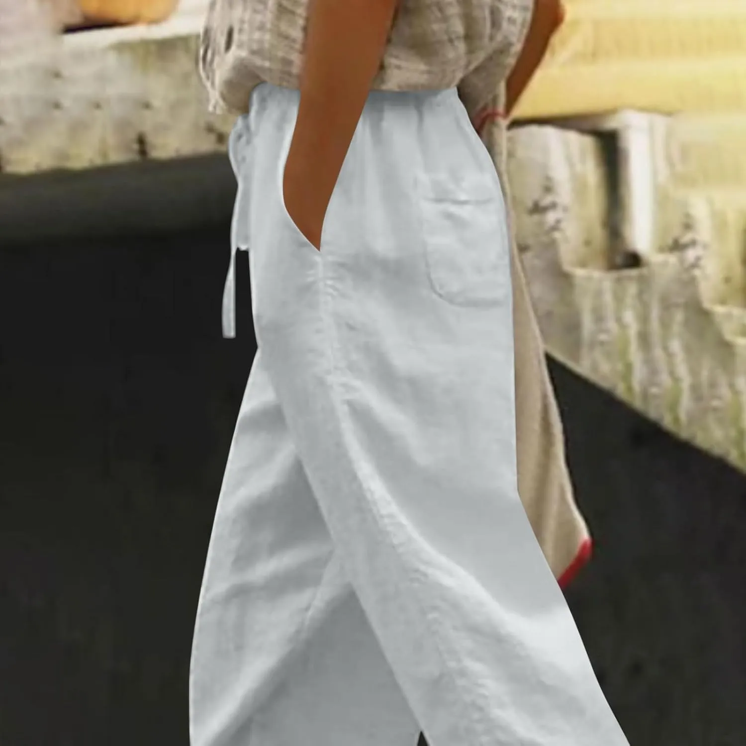 Womens Casual Pants Drawstring Elastic Waist Summer Cotton Linen Pant Loose Wide Leg Lightweight Lounge Trousers