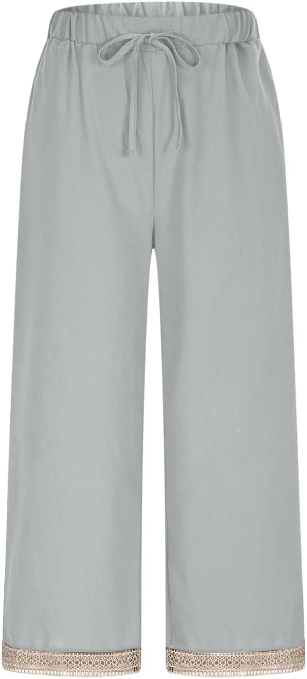 Womens Casual Pants Drawstring Elastic Waist Summer Cotton Linen Pant Loose Wide Leg Lightweight Lounge Trousers
