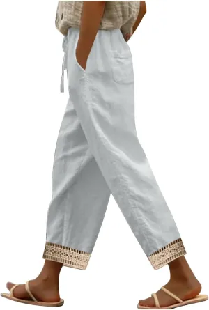 Womens Casual Pants Drawstring Elastic Waist Summer Cotton Linen Pant Loose Wide Leg Lightweight Lounge Trousers