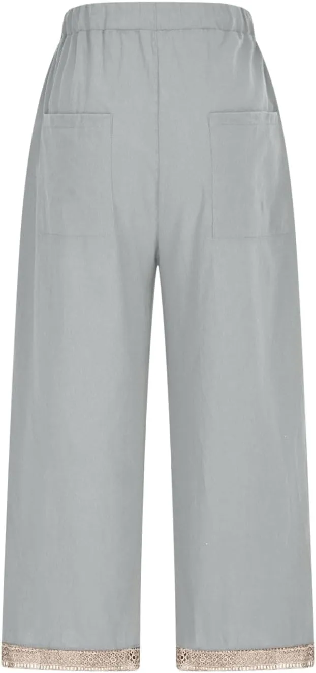 Womens Casual Pants Drawstring Elastic Waist Summer Cotton Linen Pant Loose Wide Leg Lightweight Lounge Trousers