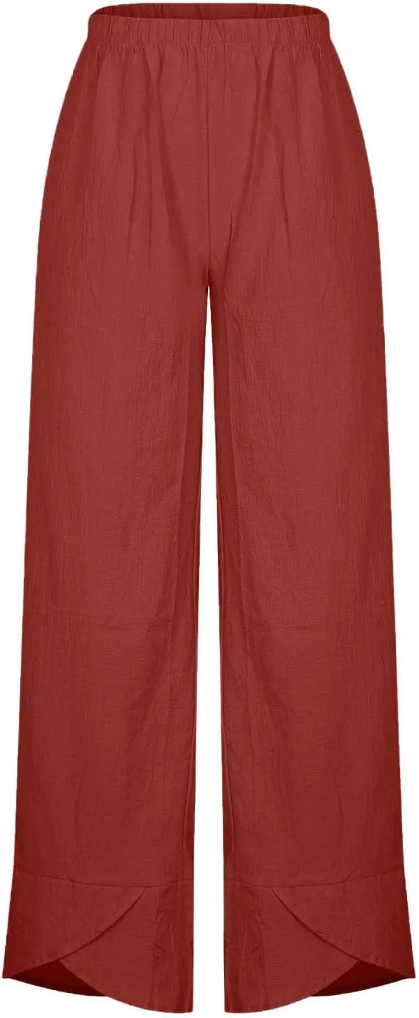 Women's Casual Straight Leg Pants High Waisted Cotton Linen Wide Leg Slacks Summer Outdoor Walk Running Workout Trousers