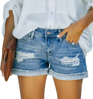 Womens Casual Stretch Denim Jean Shorts with Button Pockets for Summer
