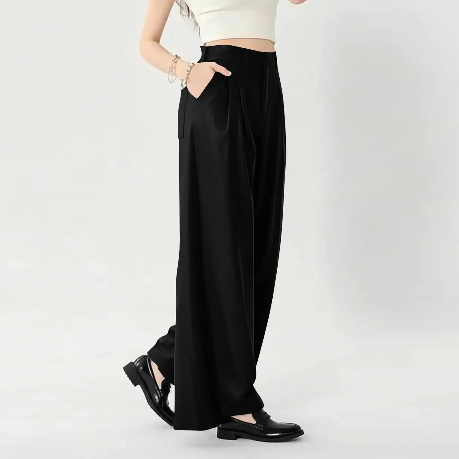 Women's Chiffon Flowy Pleated Wide Leg Pants High Waisted Dressy Trousers with Pockets