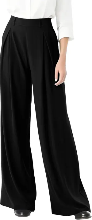Women's Chiffon Flowy Pleated Wide Leg Pants High Waisted Dressy Trousers with Pockets