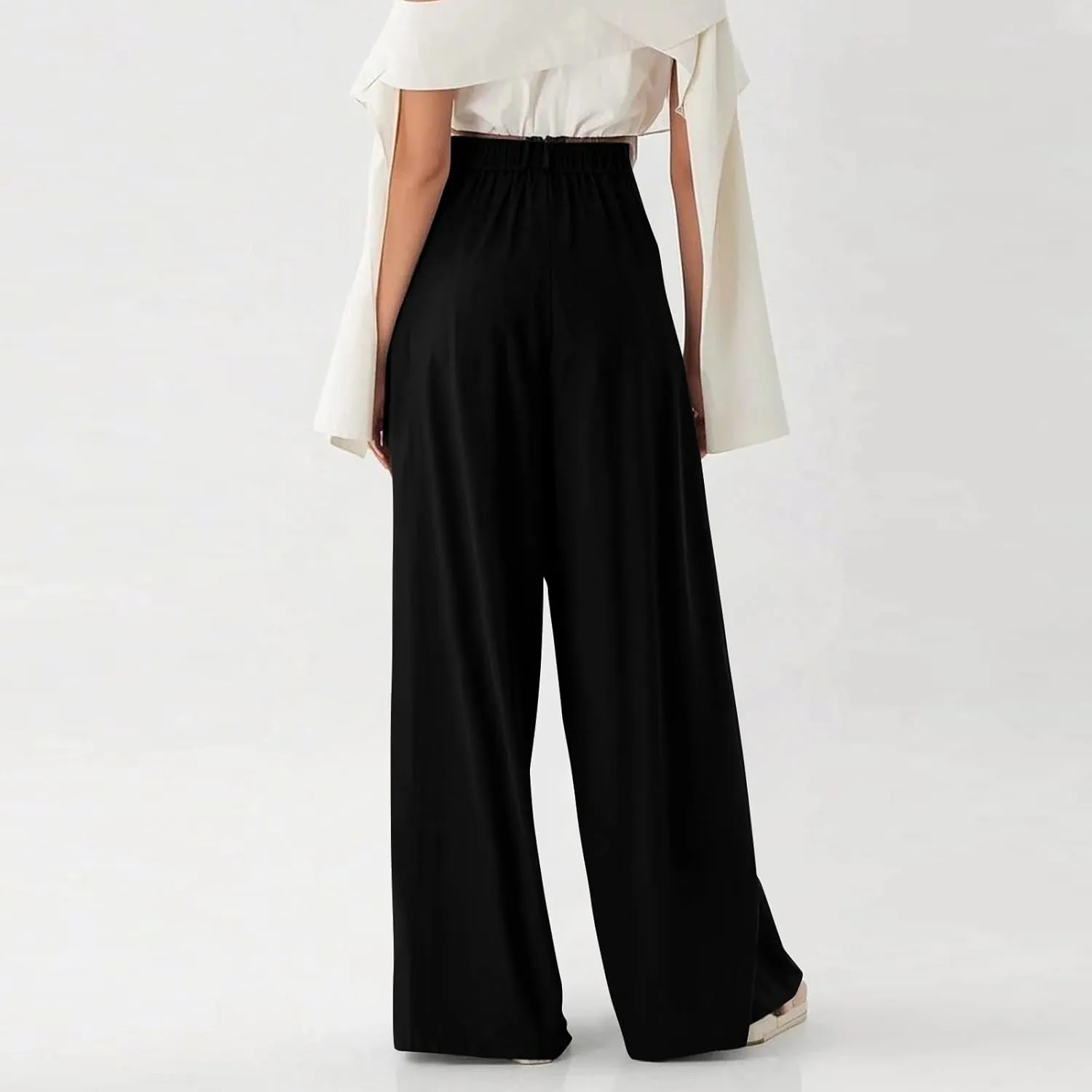 Women's Chiffon Flowy Pleated Wide Leg Pants High Waisted Dressy Trousers with Pockets