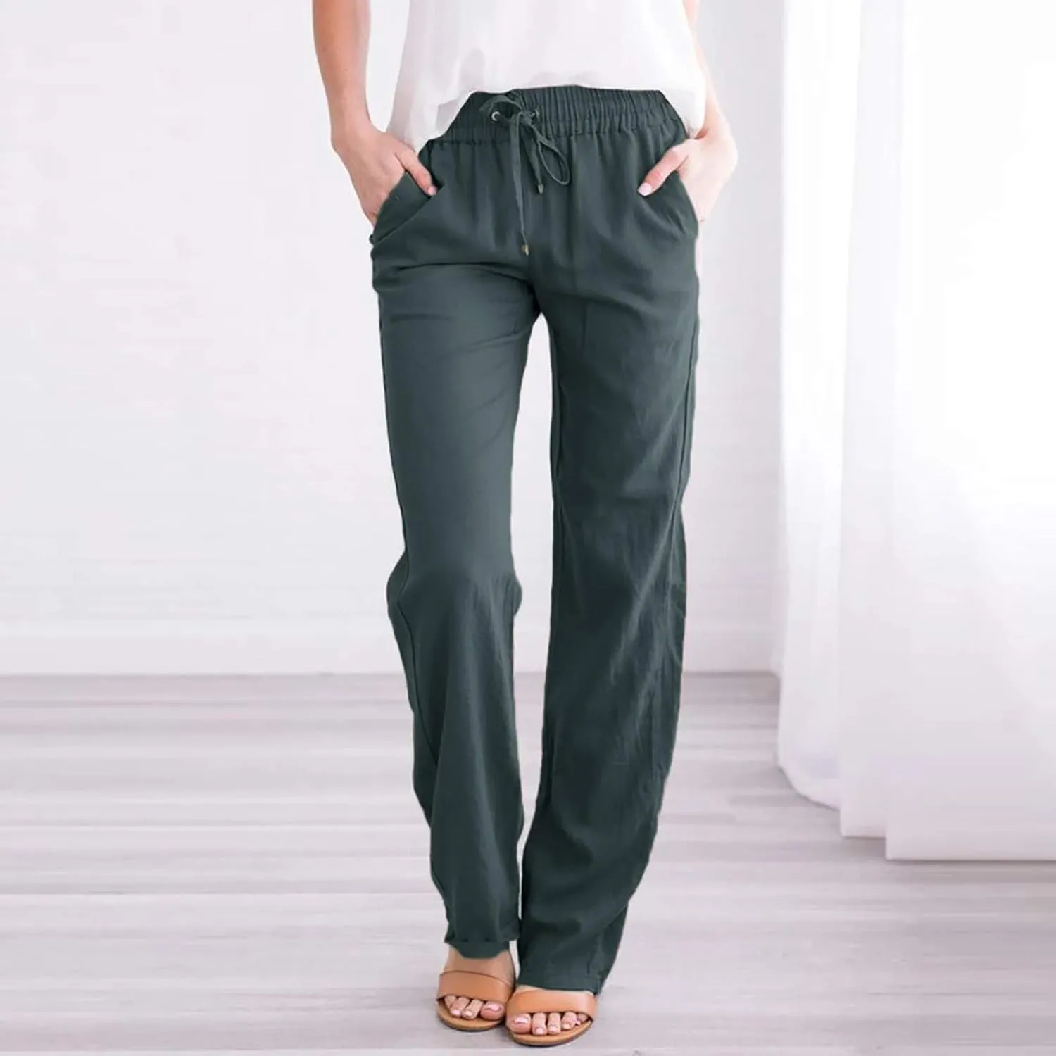 Women's Cotton Linen Drawstring High Waisted Pants Summer Palazzo Pants Casual Loose Fit Wide Leg Trousers with Pockets