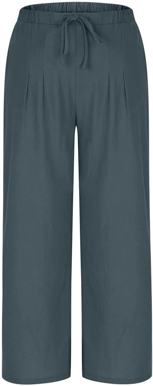 Womens Cotton Linen Palazzo Pants Drawstring Elastic Waist Wide Leg Pants Summer Casual Flowy Trousers with Pockets