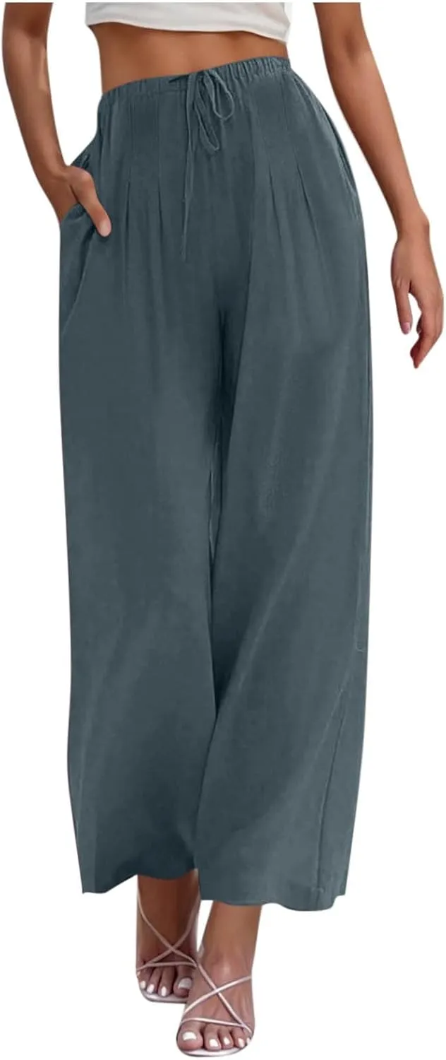 Womens Cotton Linen Palazzo Pants Drawstring Elastic Waist Wide Leg Pants Summer Casual Flowy Trousers with Pockets