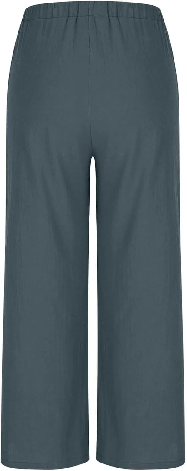 Womens Cotton Linen Palazzo Pants Drawstring Elastic Waist Wide Leg Pants Summer Casual Flowy Trousers with Pockets