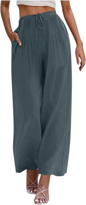 Womens Cotton Linen Palazzo Pants Drawstring Elastic Waist Wide Leg Pants Summer Casual Flowy Trousers with Pockets