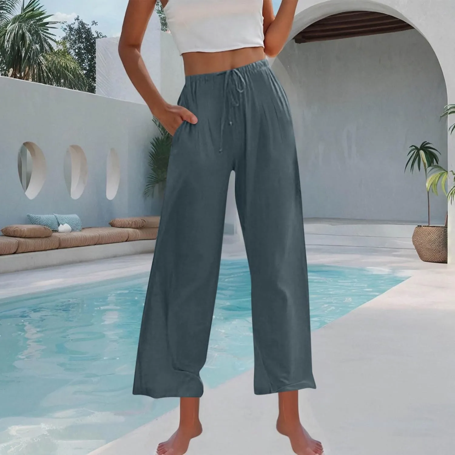 Womens Cotton Linen Palazzo Pants Drawstring Elastic Waist Wide Leg Pants Summer Casual Flowy Trousers with Pockets