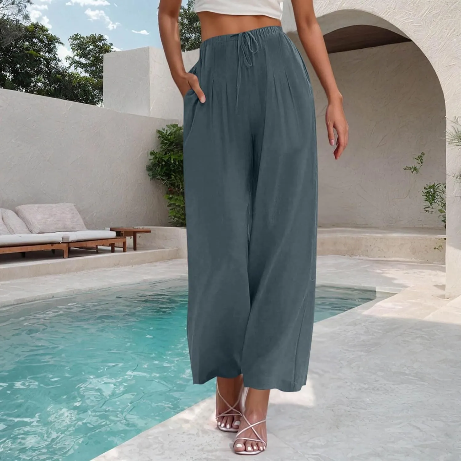 Womens Cotton Linen Palazzo Pants Drawstring Elastic Waist Wide Leg Pants Summer Casual Flowy Trousers with Pockets