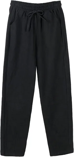 Women's Cotton Linen Pants High Waisted Drawstring Straight Leg Pants Summer Casual Long Trousers with Pockets