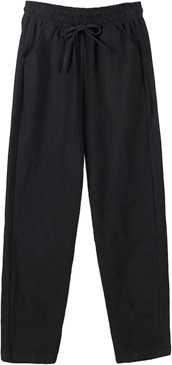 Women's Cotton Linen Pants High Waisted Drawstring Straight Leg Pants Summer Casual Long Trousers with Pockets