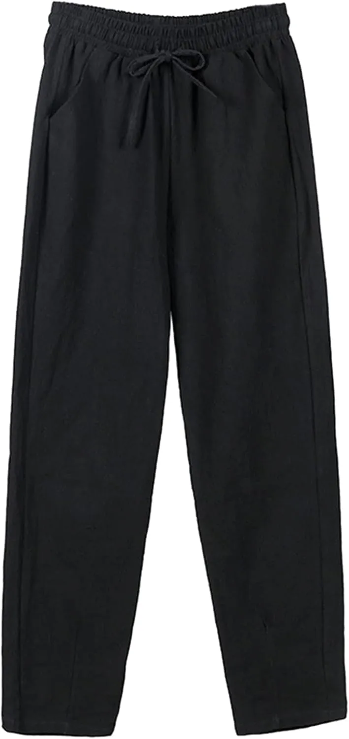 Women's Cotton Linen Pants High Waisted Drawstring Straight Leg Pants Summer Casual Long Trousers with Pockets