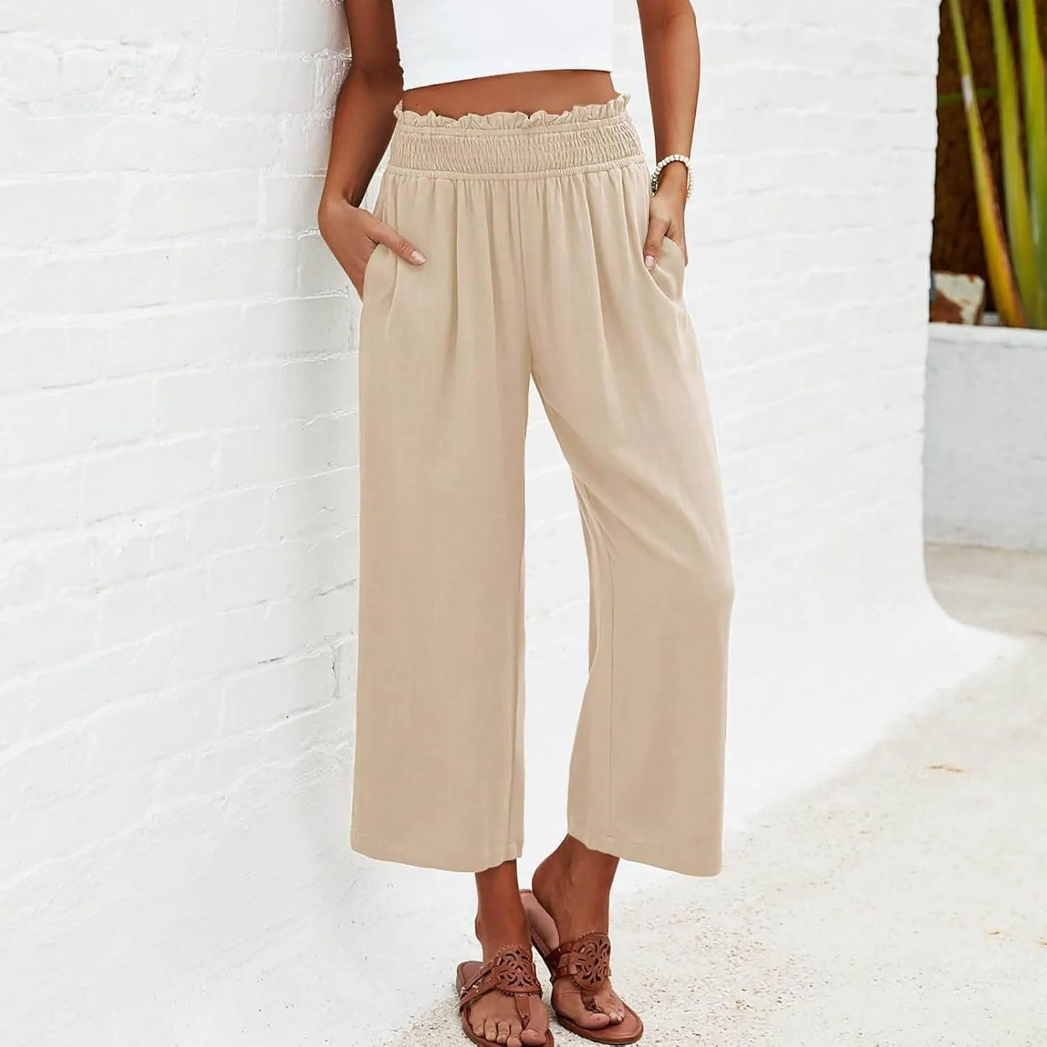 Women's Cotton Linen Pants Summer Solid Color Elastic Waist Capris with Pocket Outdoor Sports Palazzo Trousers 2025