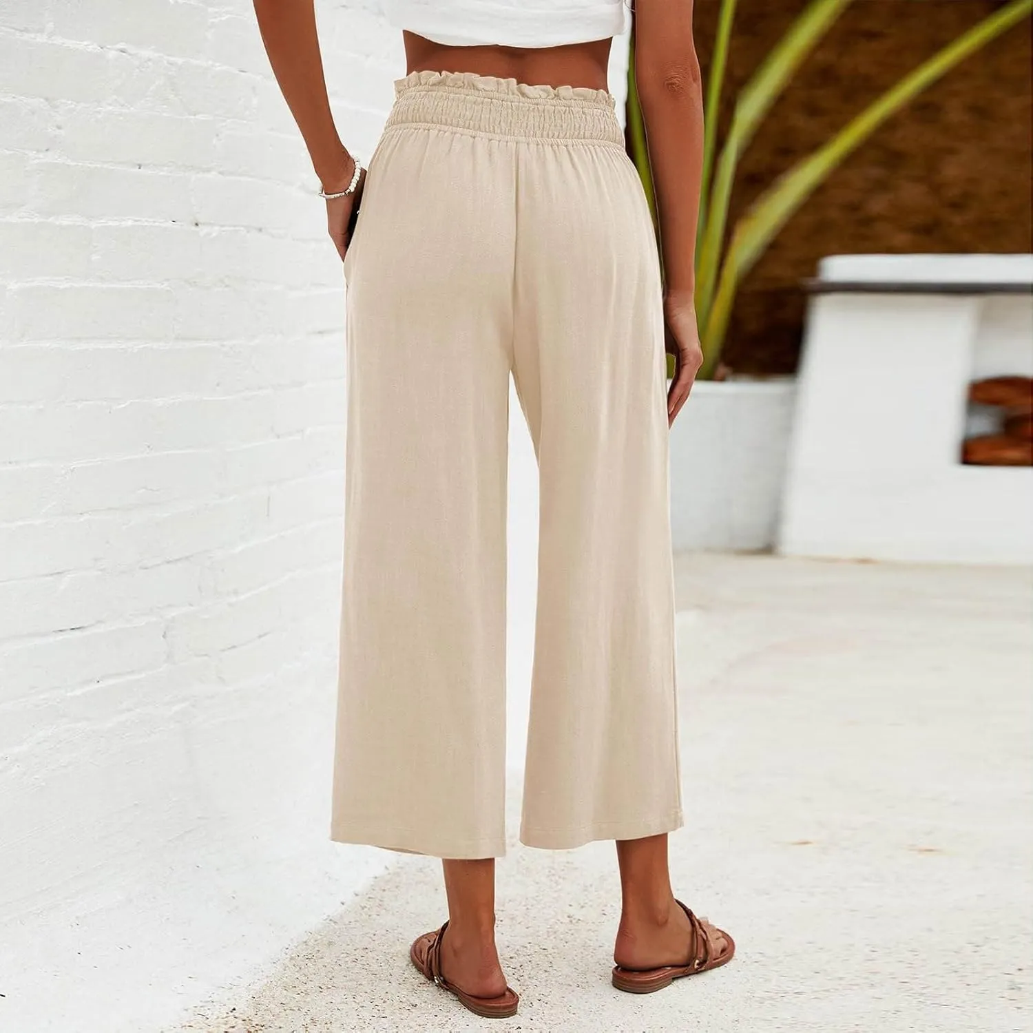 Women's Cotton Linen Pants Summer Solid Color Elastic Waist Capris with Pocket Outdoor Sports Palazzo Trousers 2025