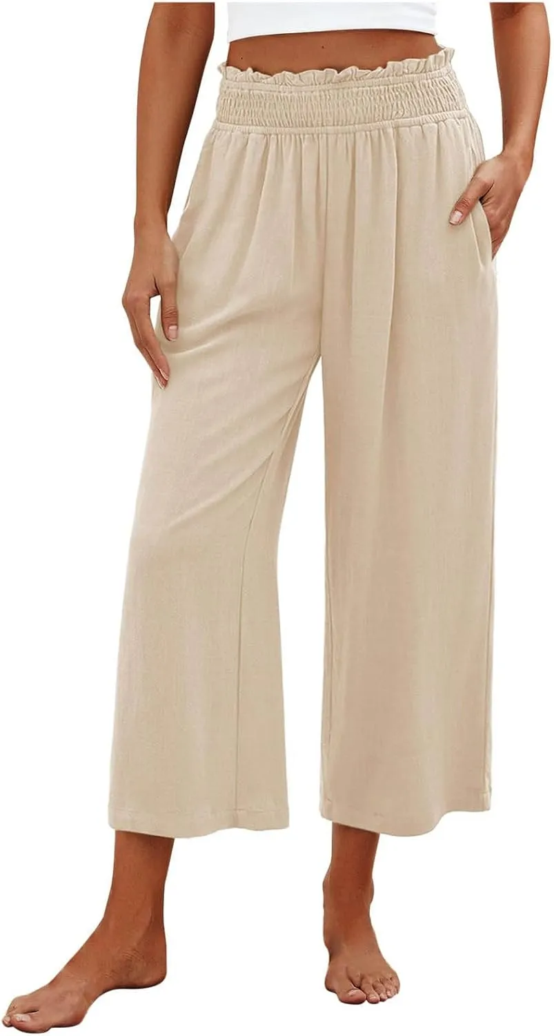 Women's Cotton Linen Pants Summer Solid Color Elastic Waist Capris with Pocket Outdoor Sports Palazzo Trousers 2025