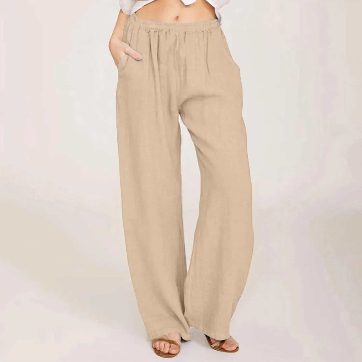 Women's Cotton Linen Pants Wide Leg High Waisted Lounge Trousers Drawstring Casual Loose Palazzo Pants with Pockets