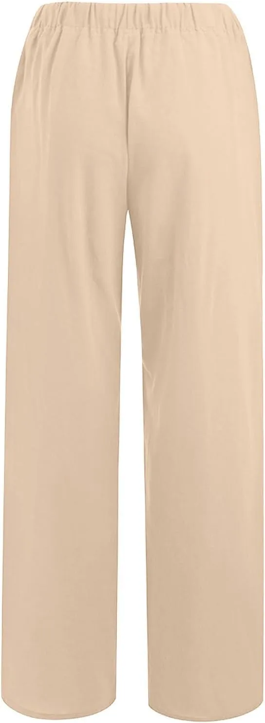 Women's Cotton Linen Pants Wide Leg High Waisted Lounge Trousers Drawstring Casual Loose Palazzo Pants with Pockets