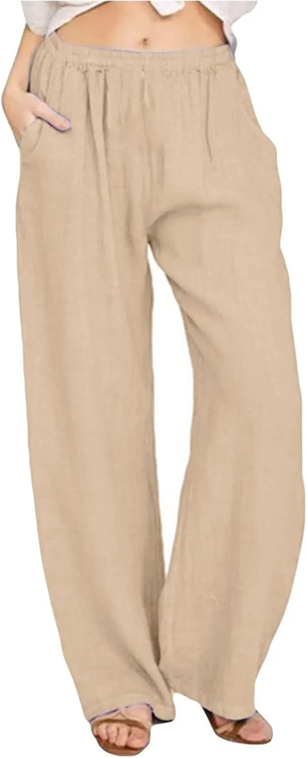 Women's Cotton Linen Pants Wide Leg High Waisted Lounge Trousers Drawstring Casual Loose Palazzo Pants with Pockets