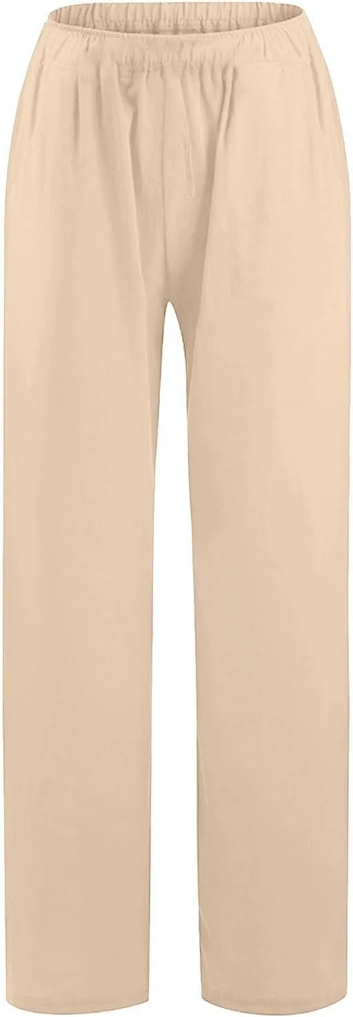 Women's Cotton Linen Pants Wide Leg High Waisted Lounge Trousers Drawstring Casual Loose Palazzo Pants with Pockets