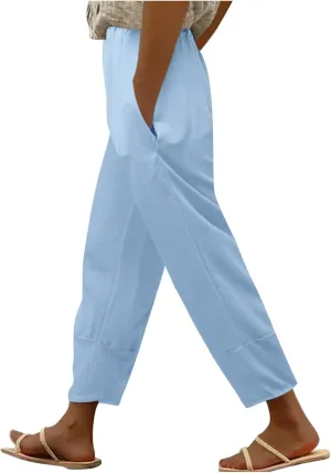 Womens Cotton Linen Summer Baggy Palazzo Lounge Pants Elastic Waist Bootcut Loose Fit Pants Business Work