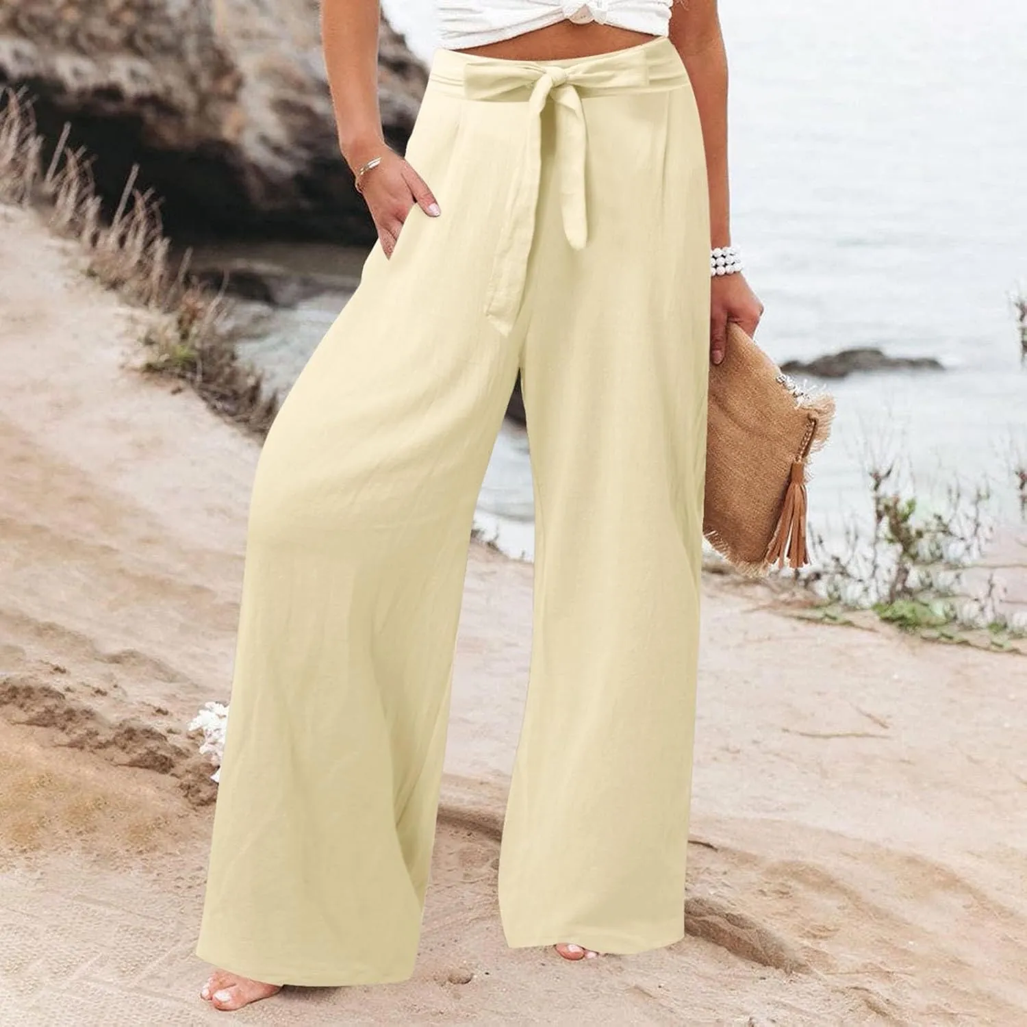 Women's Cotton Linen Summer Lightweigt Palazzo Pants Low Waist Wide Leg Loose Fit Pants Travel